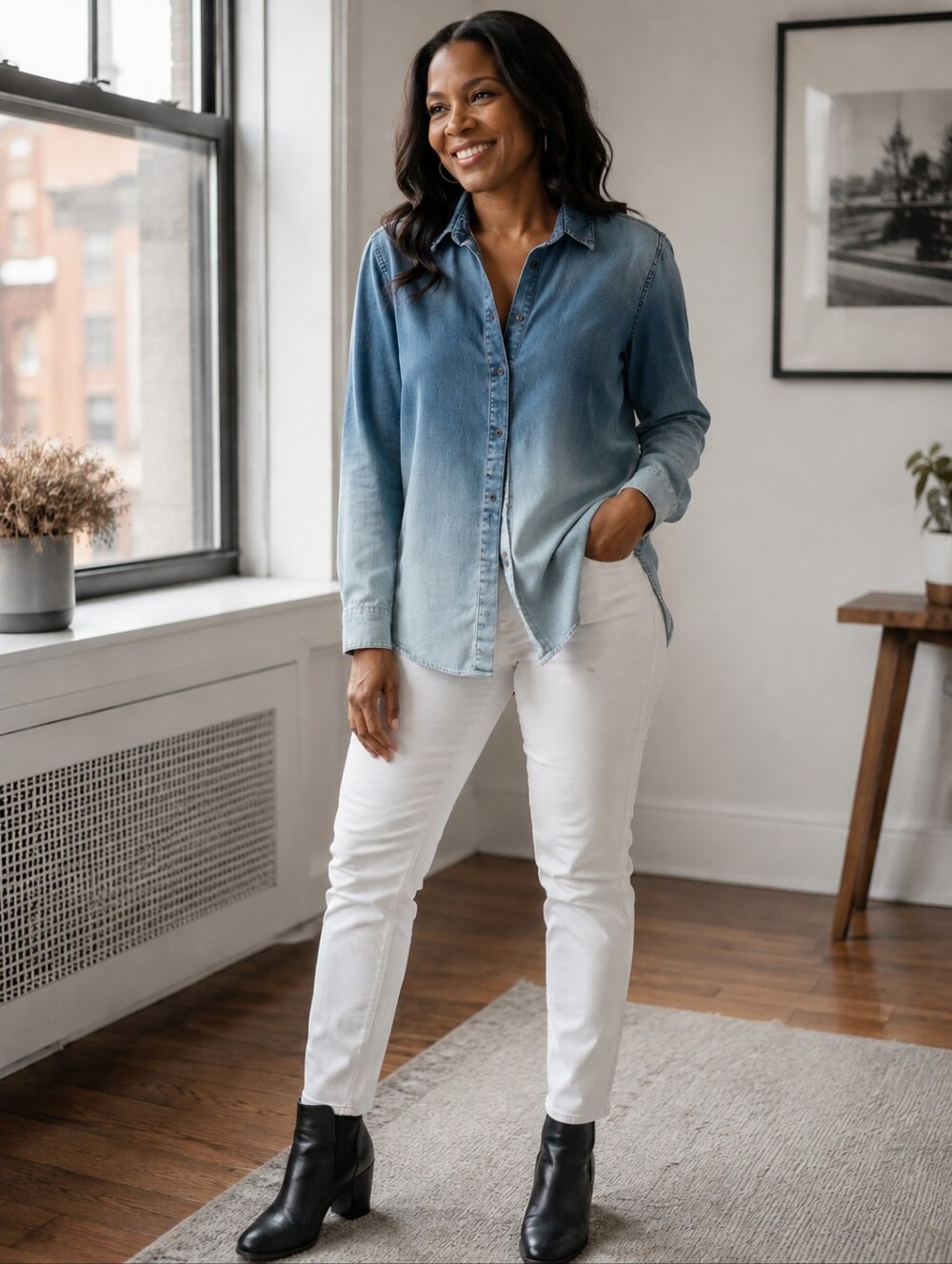 Walter Baker Ombré Blue Denim Back Zip Up Long Sleeves Gunmetal Button Blouse